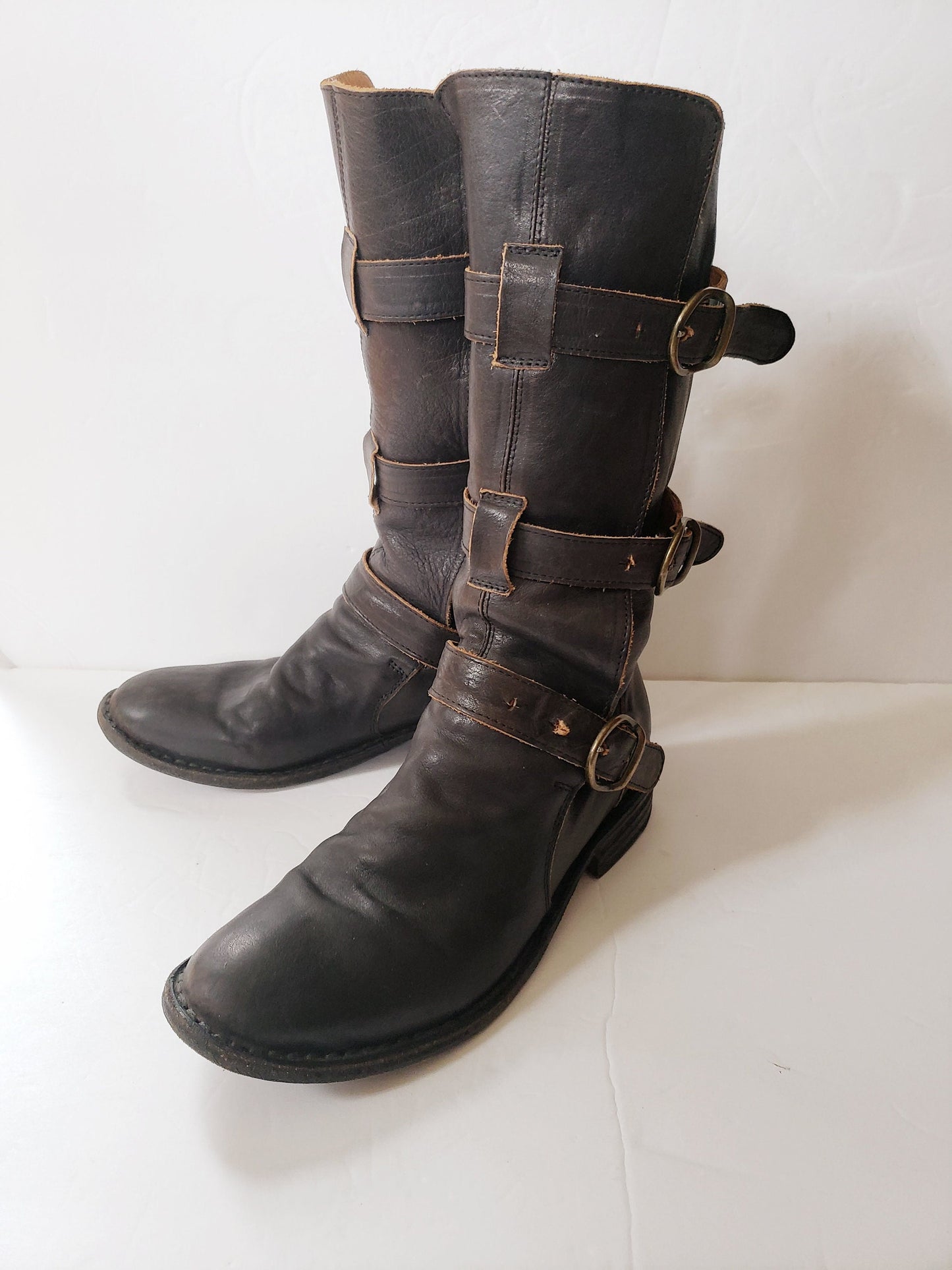 Vintage Brown Leather Knee High Boots Buckles Fiorentini + Baker Italian Designer Ladies Motorcycle Biker EU 37 7.5