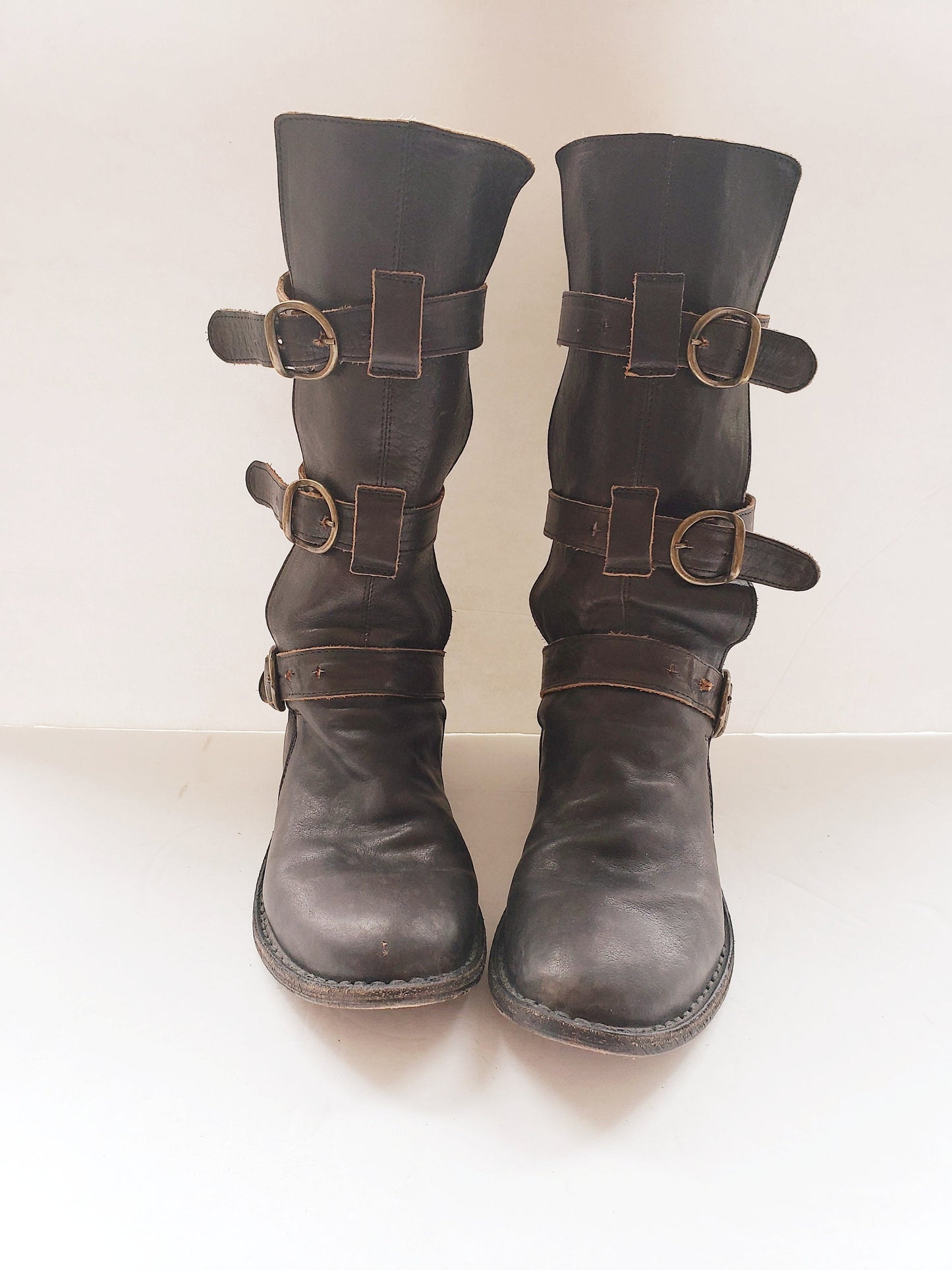 Vintage Brown Leather Knee High Boots Buckles Fiorentini + Baker Italian Designer Ladies Motorcycle Biker EU 37 7.5