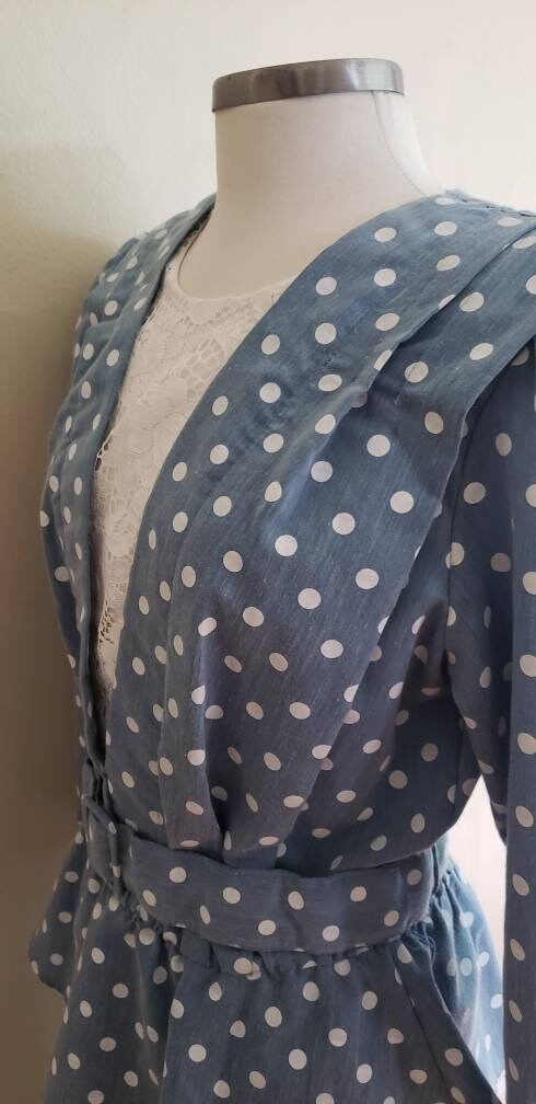 80s Does 40s Blue Polkadot Dress with Peplum + Belt / 80s Summer Dress Baby Blue White Cotton Print Just Ducky / L