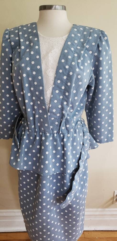 80s Does 40s Blue Polkadot Dress with Peplum + Belt / 80s Summer Dress Baby Blue White Cotton Print Just Ducky / L