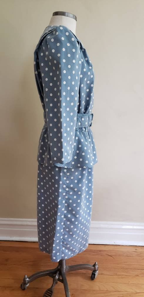 80s Does 40s Blue Polkadot Dress with Peplum + Belt / 80s Summer Dress Baby Blue White Cotton Print Just Ducky / L