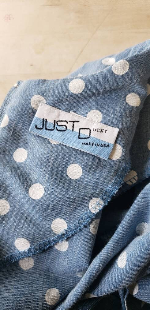 80s Does 40s Blue Polkadot Dress with Peplum + Belt / 80s Summer Dress Baby Blue White Cotton Print Just Ducky / L
