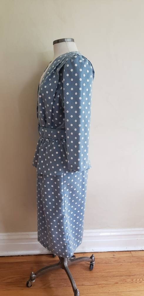 80s Does 40s Blue Polkadot Dress with Peplum + Belt / 80s Summer Dress Baby Blue White Cotton Print Just Ducky / L