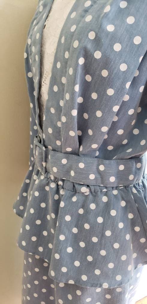 80s Does 40s Blue Polkadot Dress with Peplum + Belt / 80s Summer Dress Baby Blue White Cotton Print Just Ducky / L