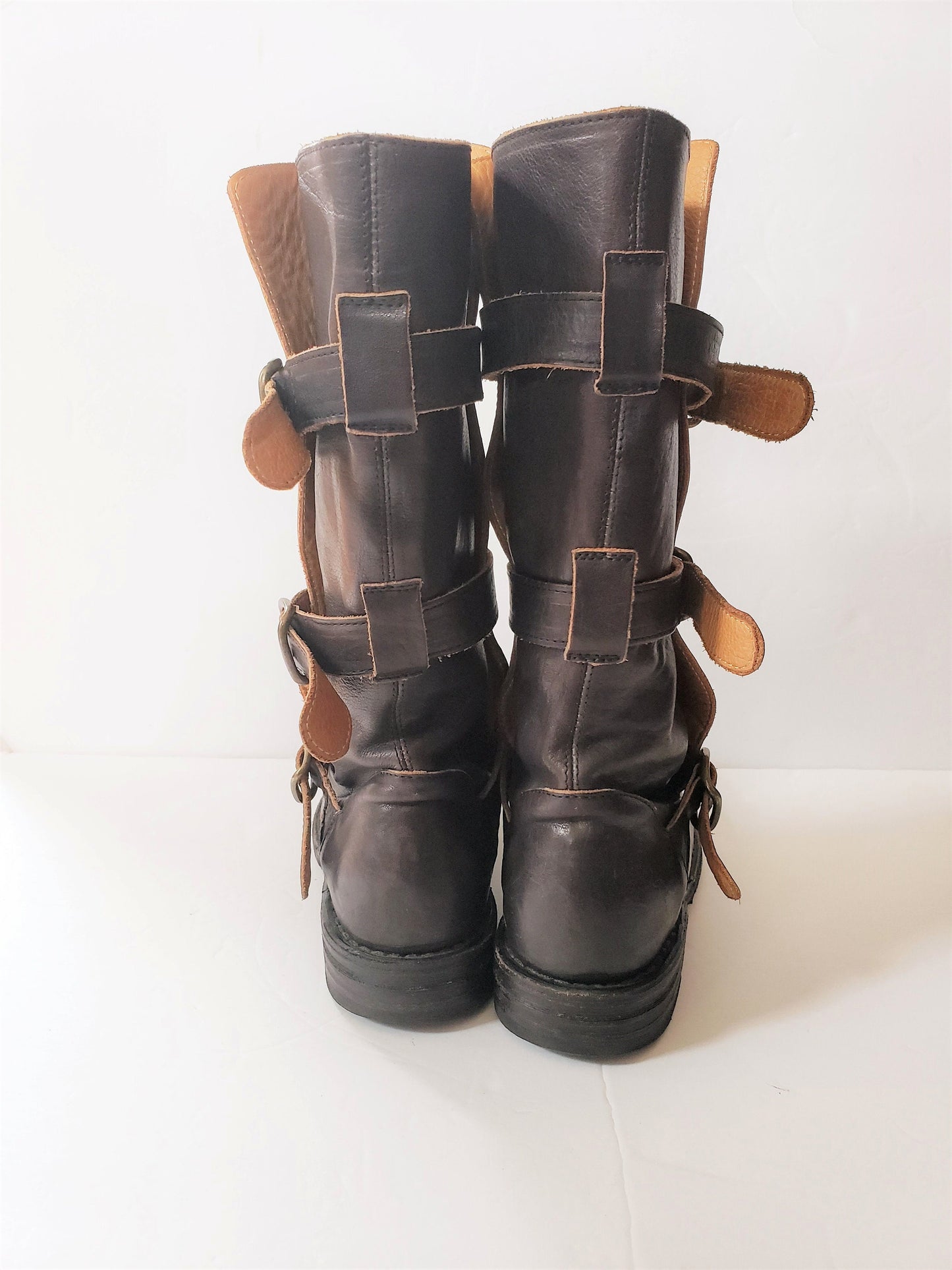 Vintage Brown Leather Knee High Boots Buckles Fiorentini + Baker Italian Designer Ladies Motorcycle Biker EU 37 7.5