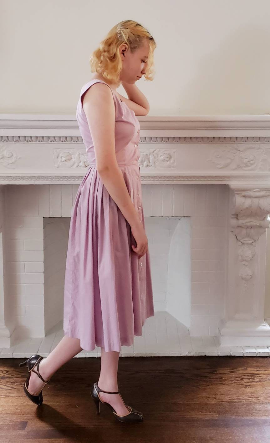 1950s Purple Sundress Sleeveless Cotton / 50s Lavender Button Down Shirtwaist Dress / Bobbie Brooks / S