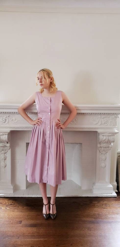 1950s Purple Sundress Sleeveless Cotton / 50s Lavender Button Down Shirtwaist Dress / Bobbie Brooks / S