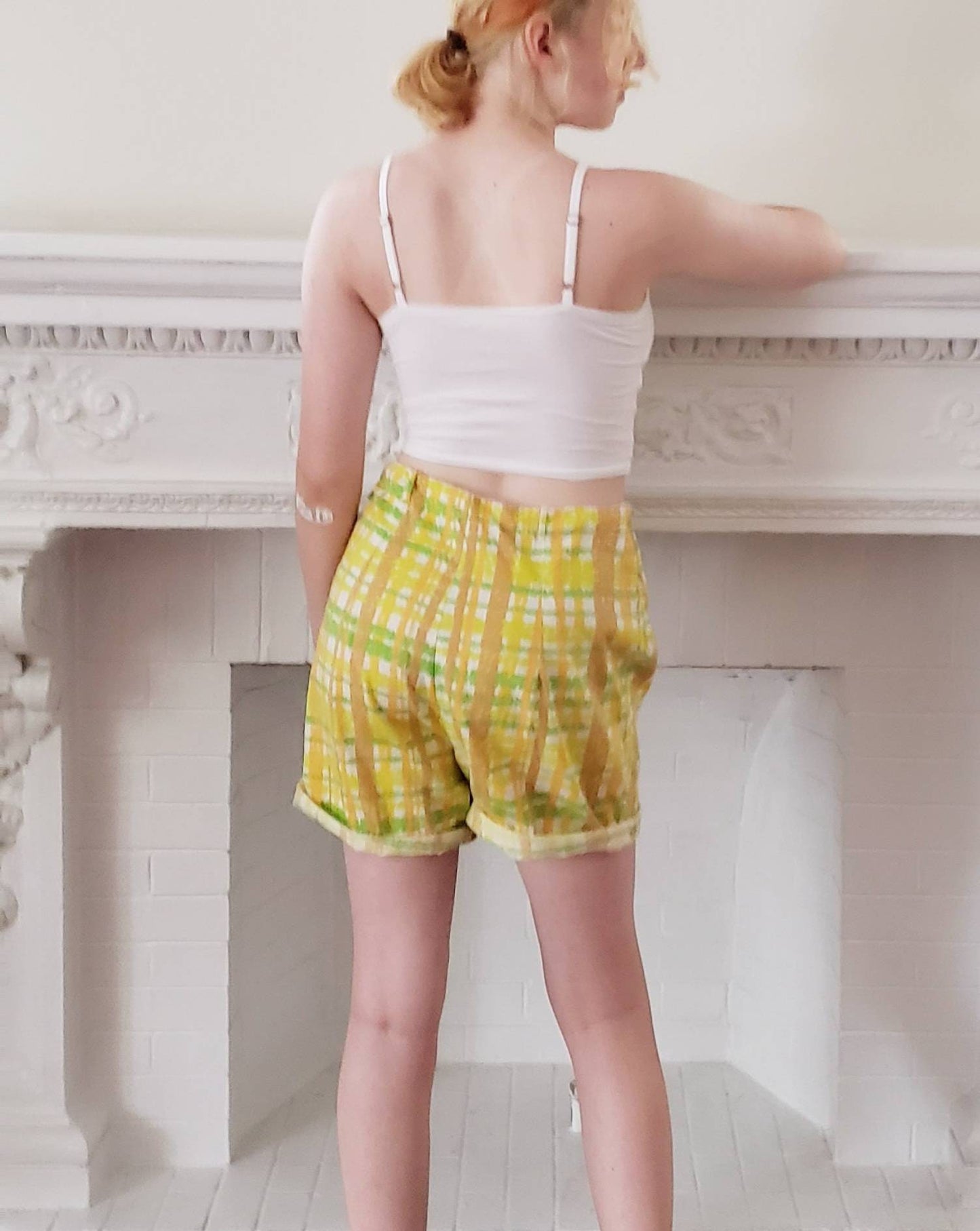 1960s Yellow Plaid Print Shorts / Medium