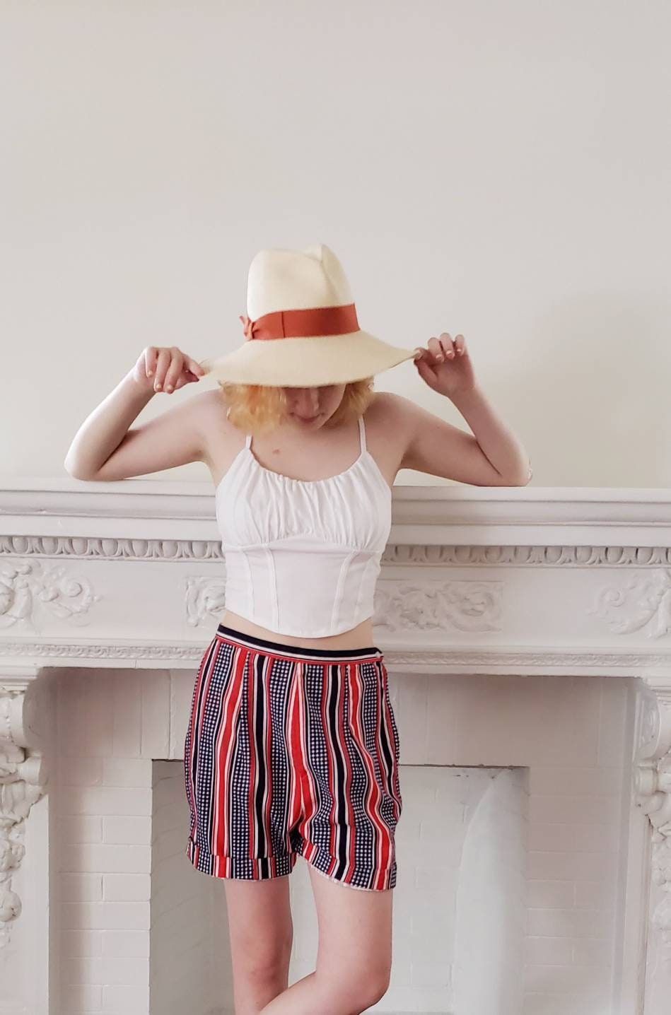 1960s Cotton Print Shorts Red White Blue Stripes Checkerboard /M