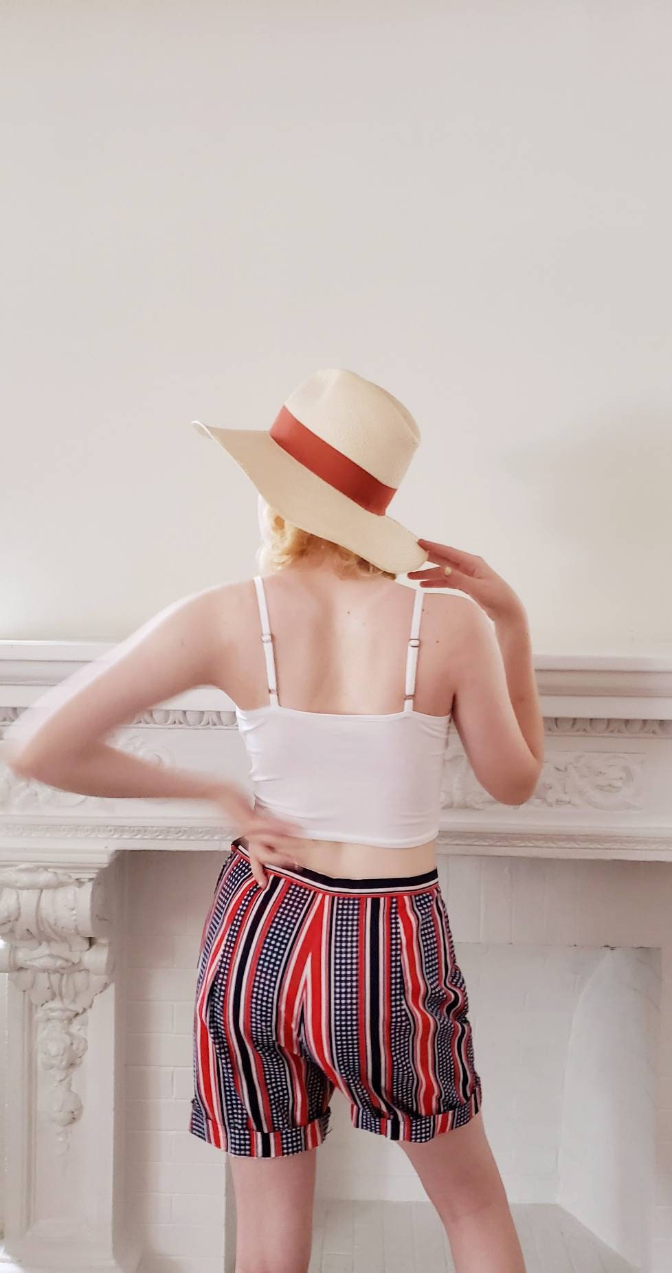 1960s Cotton Print Shorts Red White Blue Stripes Checkerboard /M