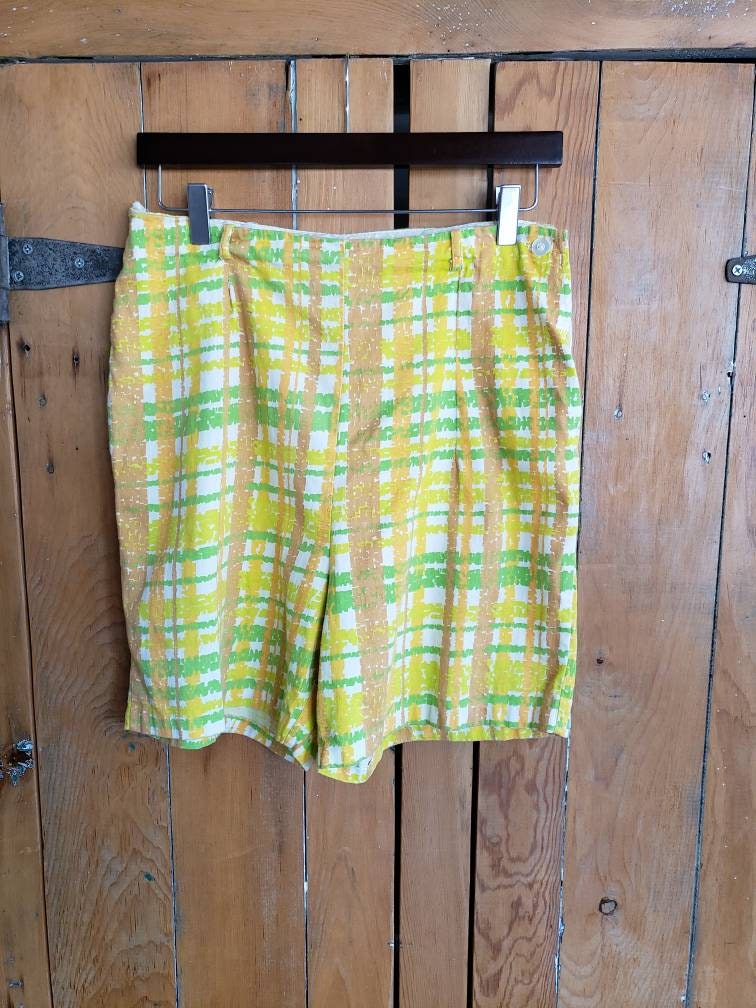 1960s Yellow Plaid Print Shorts / Medium