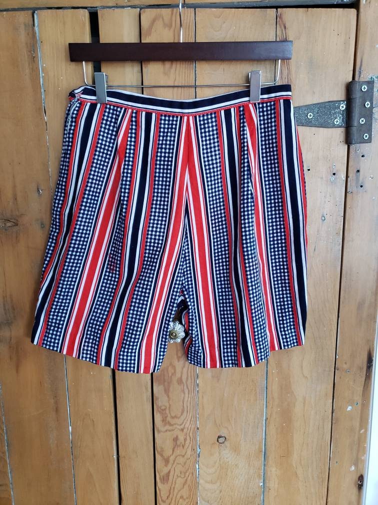 1960s Cotton Print Shorts Red White Blue Stripes Checkerboard /M