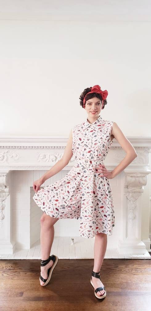 60s 70s Serbin Golfer Tennis Skort Dress Romper Red Blue Print Archery Sailing Fishing Sports Athletics Novelty Print Onesie Belted / Large