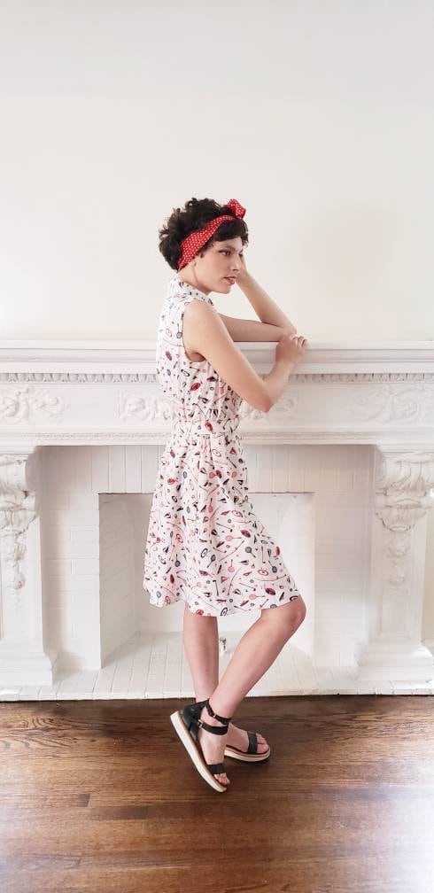 60s 70s Serbin Golfer Tennis Skort Dress Romper Red Blue Print Archery Sailing Fishing Sports Athletics Novelty Print Onesie Belted / Large