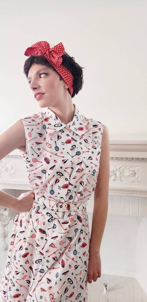 60s 70s Serbin Golfer Tennis Skort Dress Romper Red Blue Print Archery Sailing Fishing Sports Athletics Novelty Print Onesie Belted / Large