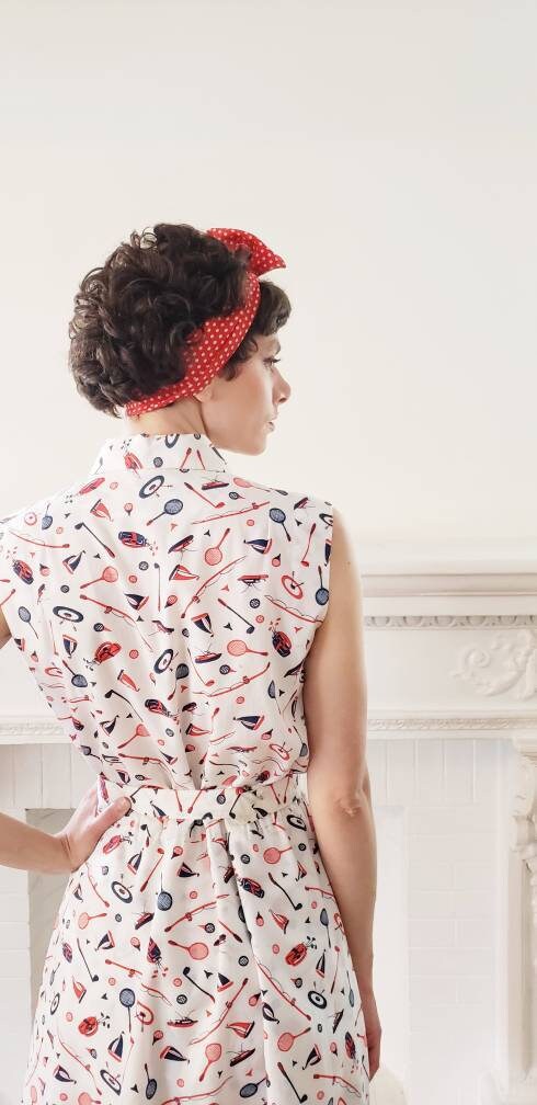 60s 70s Serbin Golfer Tennis Skort Dress Romper Red Blue Print Archery Sailing Fishing Sports Athletics Novelty Print Onesie Belted / Large