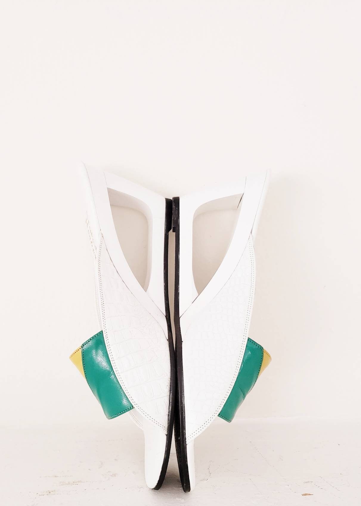 1980s Summer Wedge Sandals Colorful Leather Mules / 80s Cut Out Wedge Heel Slides Slip On Summer Shoes Patchwork Leather / 8