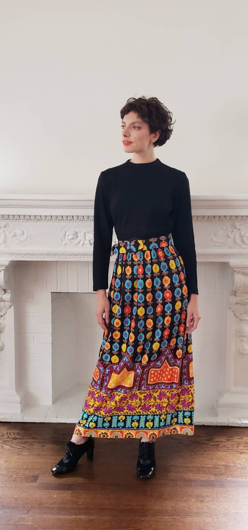 1970s Long Sleeved Boho Maxi Dress Colorful Print Skirt Multicolored Floral Maximalist Pattern Top Black Adjustable Belt /Med / Kuliga