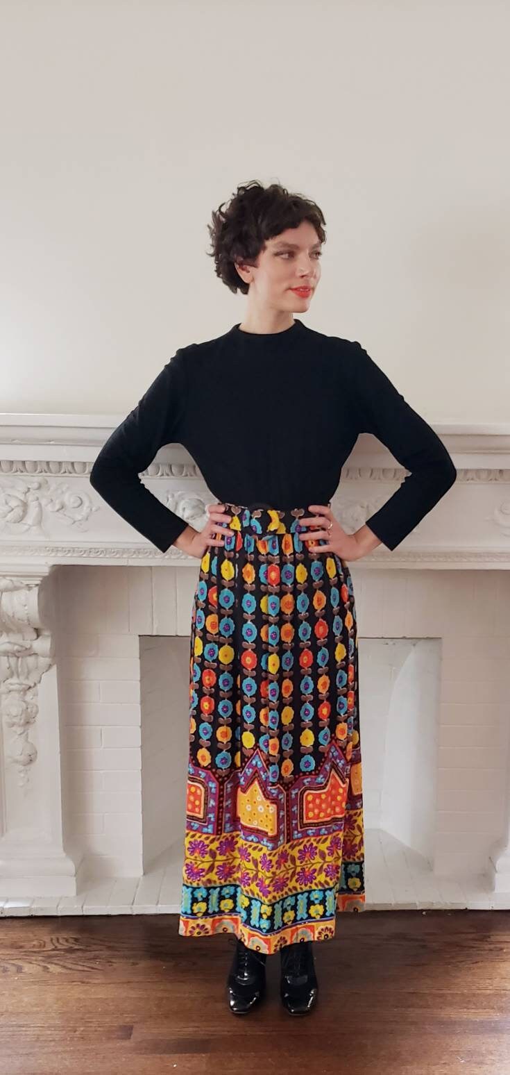 1970s Long Sleeved Boho Maxi Dress Colorful Print Skirt Multicolored Floral Maximalist Pattern Top Black Adjustable Belt /Med / Kuliga