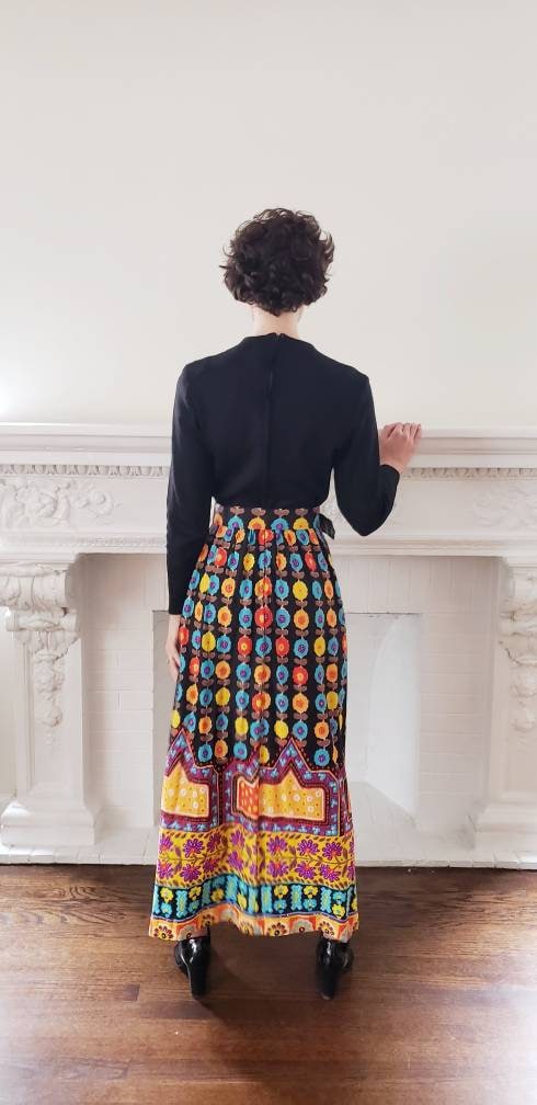 1970s Long Sleeved Boho Maxi Dress Colorful Print Skirt Multicolored Floral Maximalist Pattern Top Black Adjustable Belt /Med / Kuliga