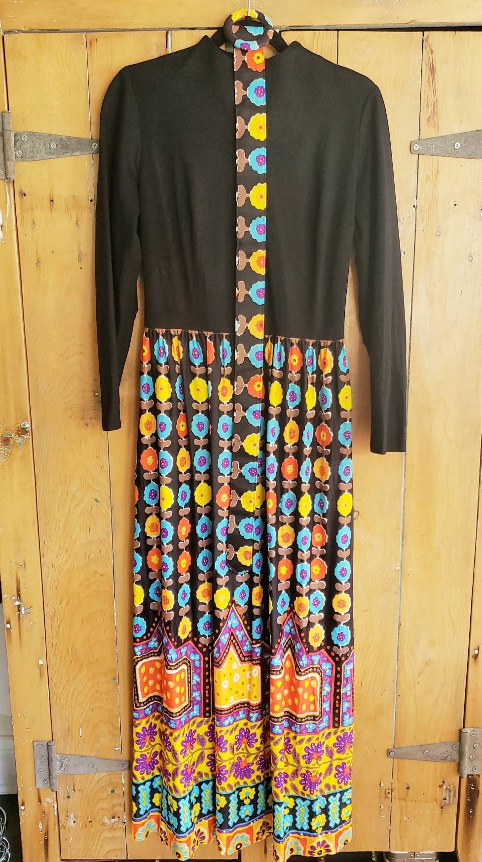 1970s Long Sleeved Boho Maxi Dress Colorful Print Skirt Multicolored Floral Maximalist Pattern Top Black Adjustable Belt /Med / Kuliga