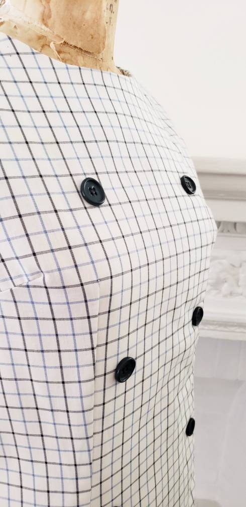 1960s Mod Dress Summer Style White Windowpane Plaid Stacy Ames / 60s Drop Waist Sleeveless Dress Pleated Skirt / M