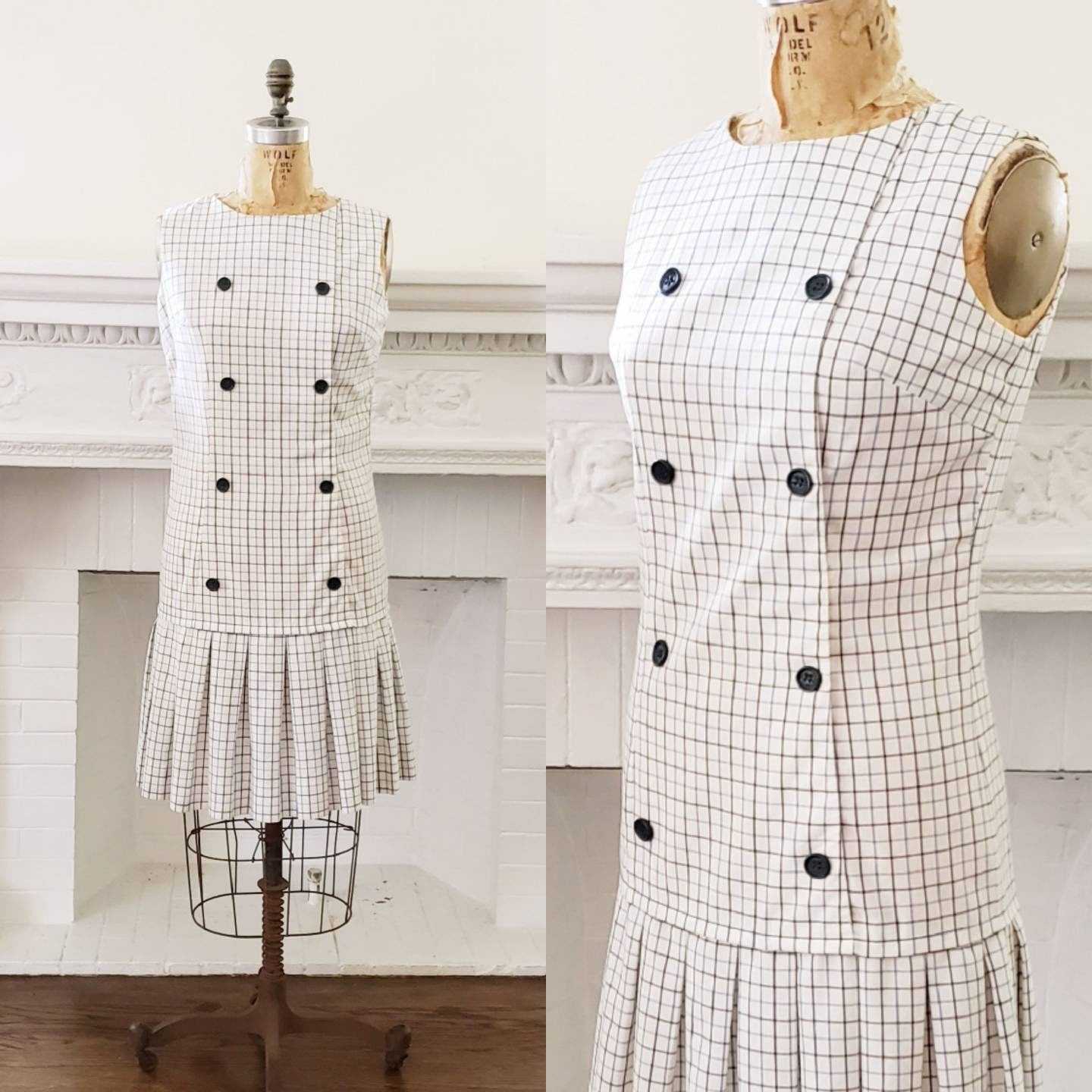 1960s Mod Dress Summer Style White Windowpane Plaid Stacy Ames / 60s Drop Waist Sleeveless Dress Pleated Skirt / M