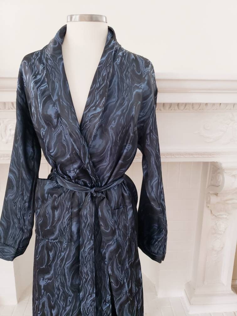 1970s Blue Marble Print Robe Mens Unisex Long Sleeved Botany 500 / Mens Lounging Robe Sash Tie Belt / Small / Chev