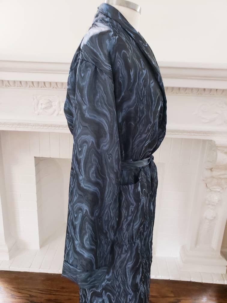 1970s Blue Marble Print Robe Mens Unisex Long Sleeved Botany 500 / Mens Lounging Robe Sash Tie Belt / Small / Chev