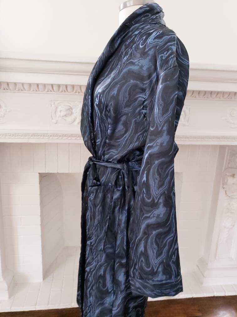 1970s Blue Marble Print Robe Mens Unisex Long Sleeved Botany 500 / Mens Lounging Robe Sash Tie Belt / Small / Chev