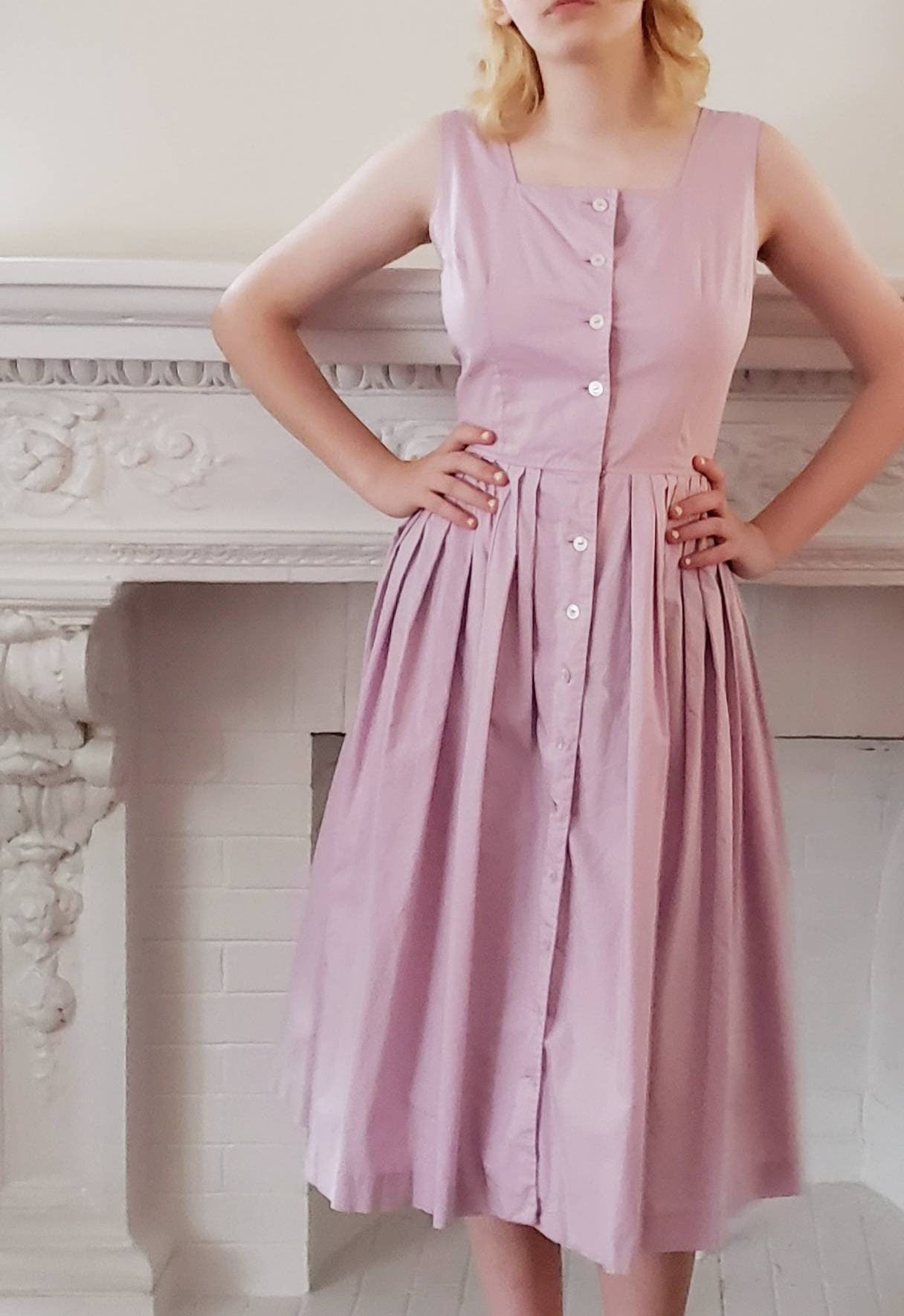 1950s Purple Sundress Sleeveless Cotton / 50s Lavender Button Down Shirtwaist Dress / Bobbie Brooks / S