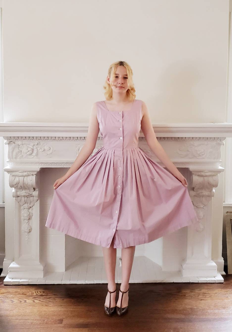 1950s Purple Sundress Sleeveless Cotton / 50s Lavender Button Down Shirtwaist Dress / Bobbie Brooks / S