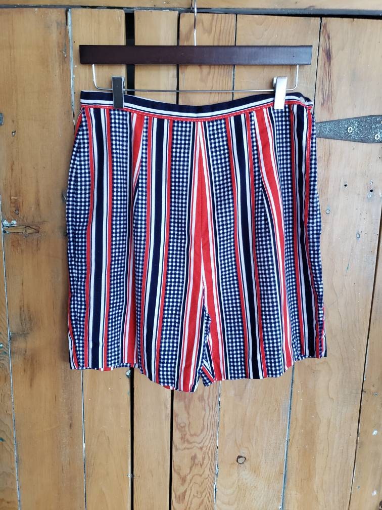 1960s Cotton Print Shorts Red White Blue Stripes Checkerboard /M