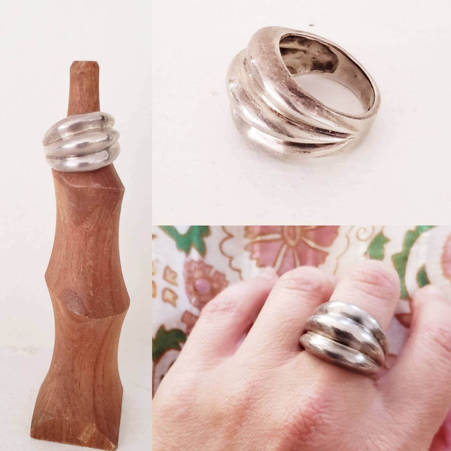 Vintage Ring Mexican Silver Taxco / Rounded Tiered Nub Stamped Silver Ring TN-47 / Size 10/ Damia