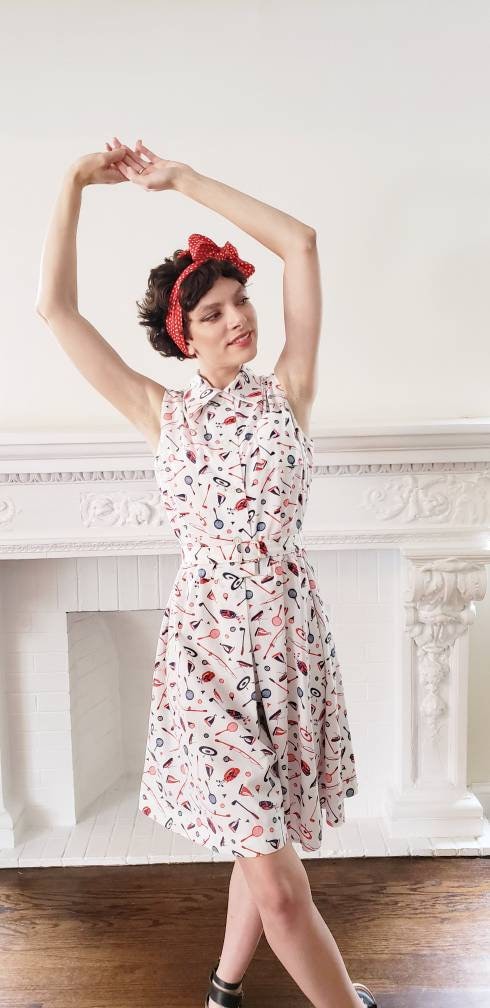 60s 70s Serbin Golfer Tennis Skort Dress Romper Red Blue Print Archery Sailing Fishing Sports Athletics Novelty Print Onesie Belted / Large