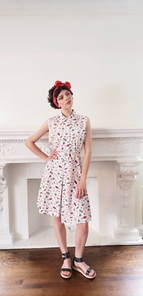 60s 70s Serbin Golfer Tennis Skort Dress Romper Red Blue Print Archery Sailing Fishing Sports Athletics Novelty Print Onesie Belted / Large