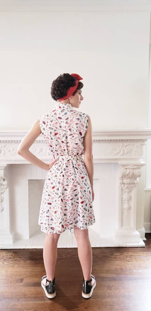 60s 70s Serbin Golfer Tennis Skort Dress Romper Red Blue Print Archery Sailing Fishing Sports Athletics Novelty Print Onesie Belted / Large