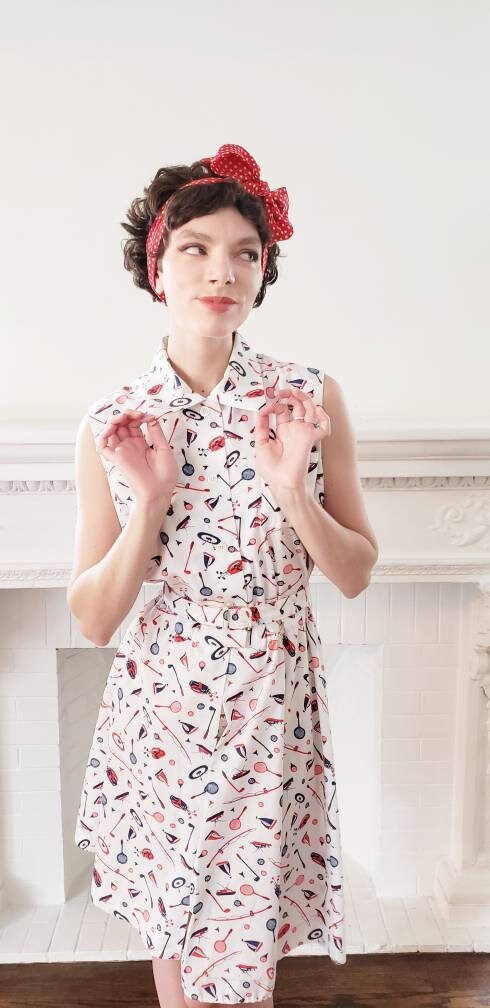 60s 70s Serbin Golfer Tennis Skort Dress Romper Red Blue Print Archery Sailing Fishing Sports Athletics Novelty Print Onesie Belted / Large