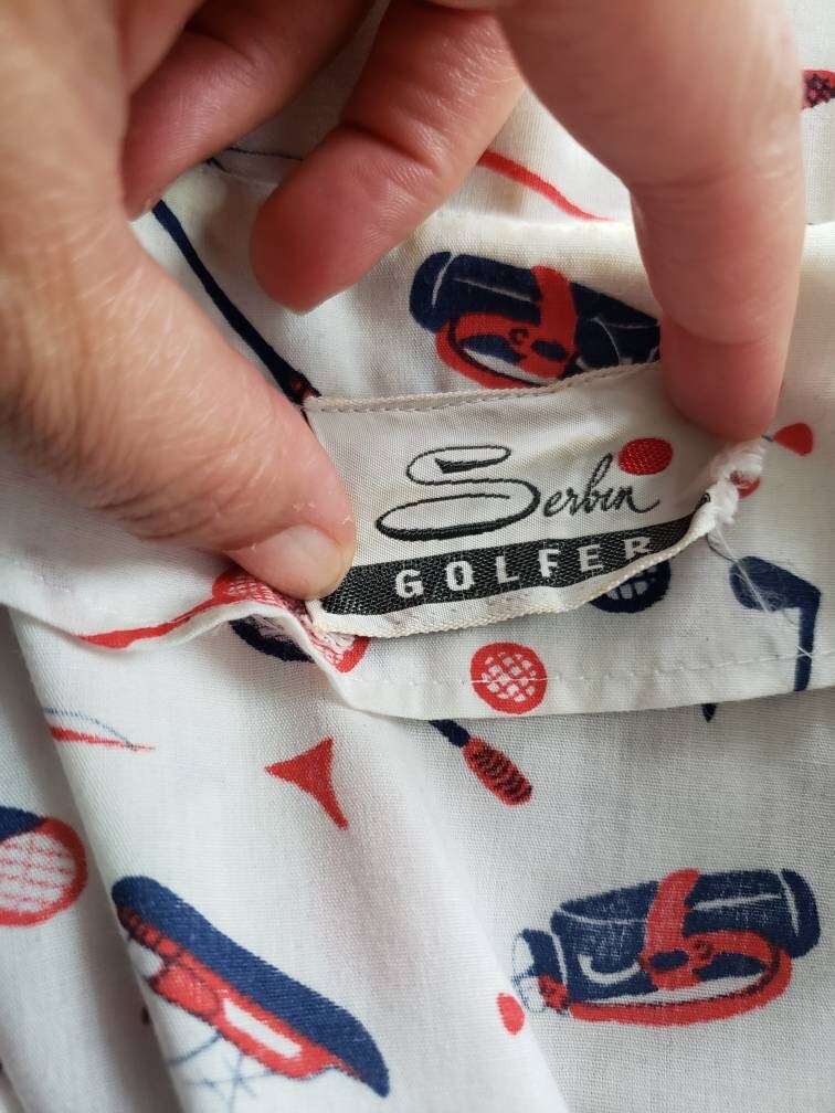 60s 70s Serbin Golfer Tennis Skort Dress Romper Red Blue Print Archery Sailing Fishing Sports Athletics Novelty Print Onesie Belted / Large