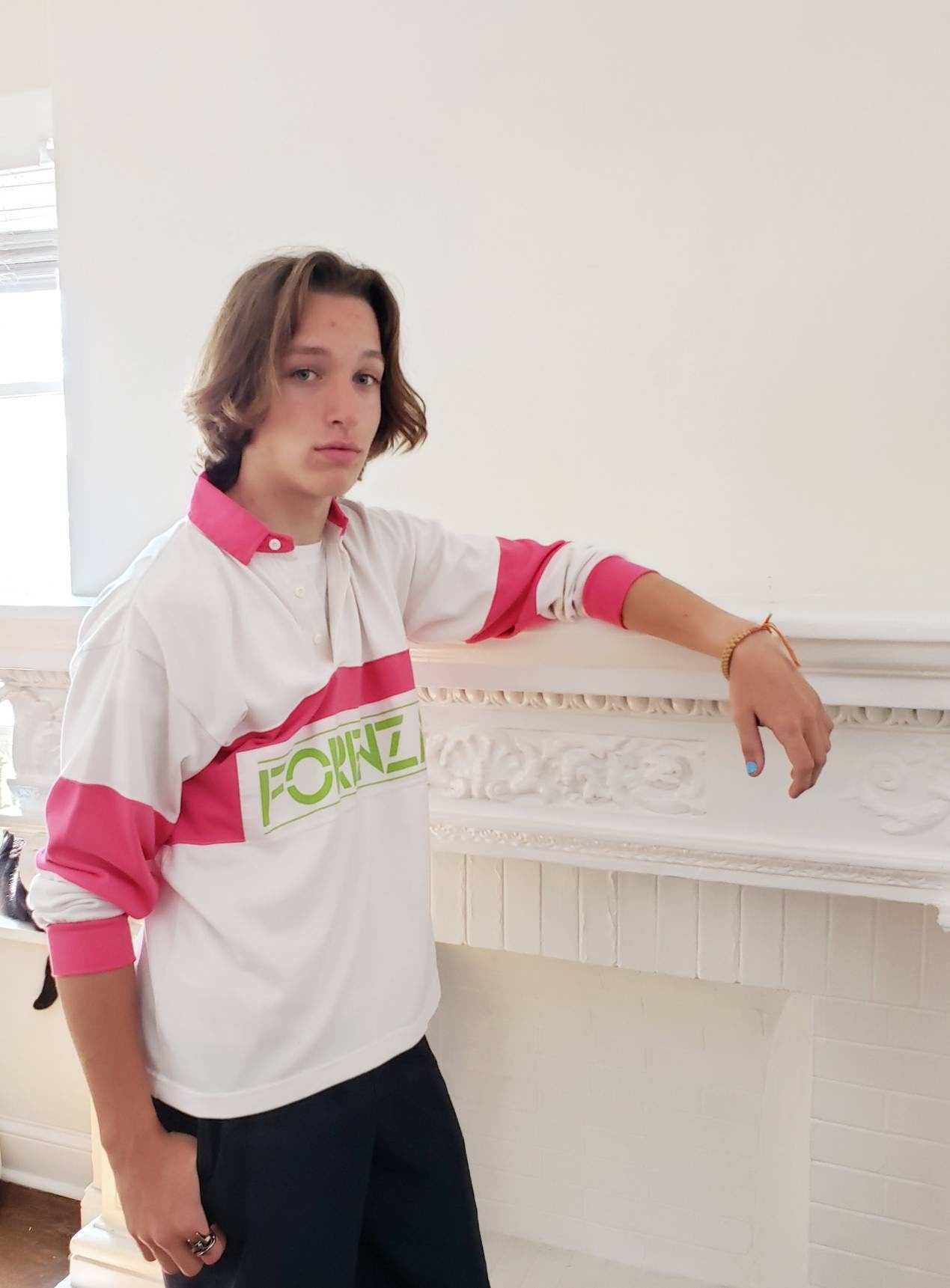 1980s Mens Forenza Jersey Pullover Shirt Pink White Lime Green / Long Sleeved 80s Collared Shirt Unisex / S / Garlyn