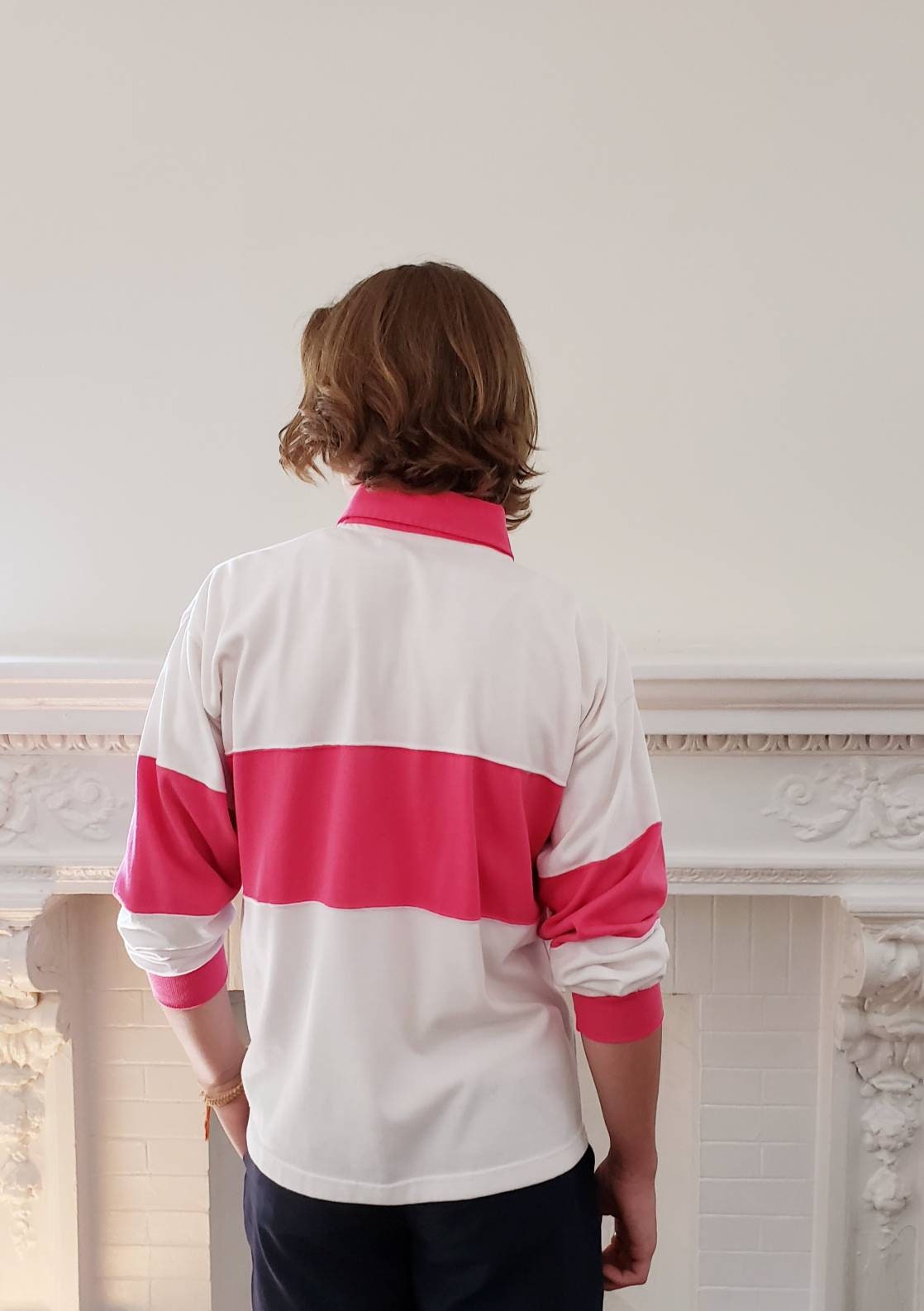 1980s Mens Forenza Jersey Pullover Shirt Pink White Lime Green / Long Sleeved 80s Collared Shirt Unisex / S / Garlyn