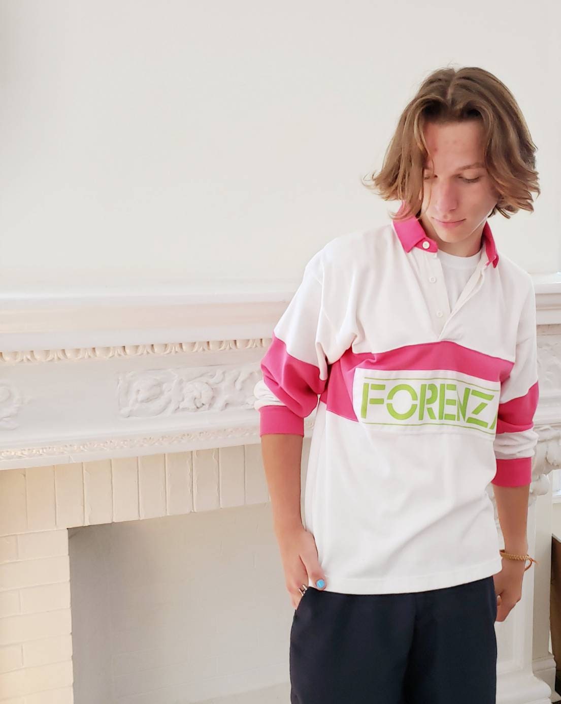 1980s Mens Forenza Jersey Pullover Shirt Pink White Lime Green / Long Sleeved 80s Collared Shirt Unisex / S / Garlyn