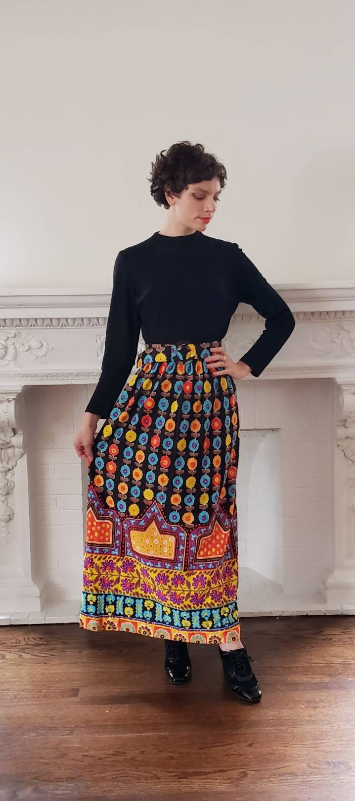 1970s Long Sleeved Boho Maxi Dress Colorful Print Skirt Multicolored Floral Maximalist Pattern Top Black Adjustable Belt /Med / Kuliga