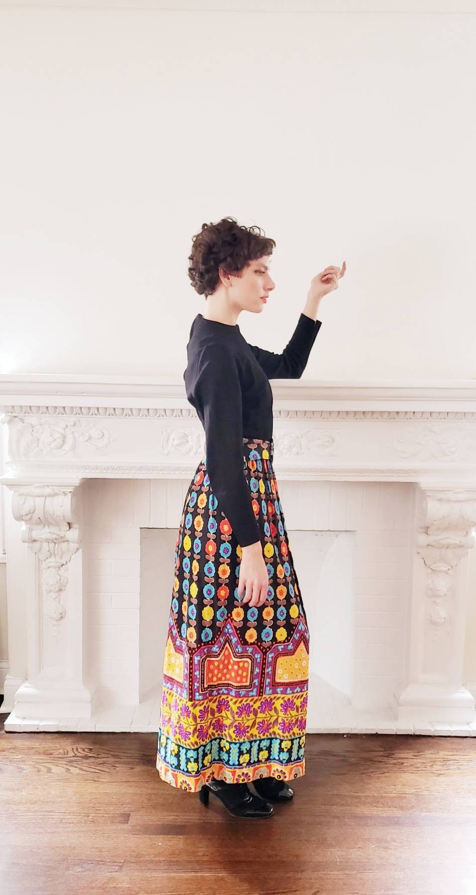 1970s Long Sleeved Boho Maxi Dress Colorful Print Skirt Multicolored Floral Maximalist Pattern Top Black Adjustable Belt /Med / Kuliga
