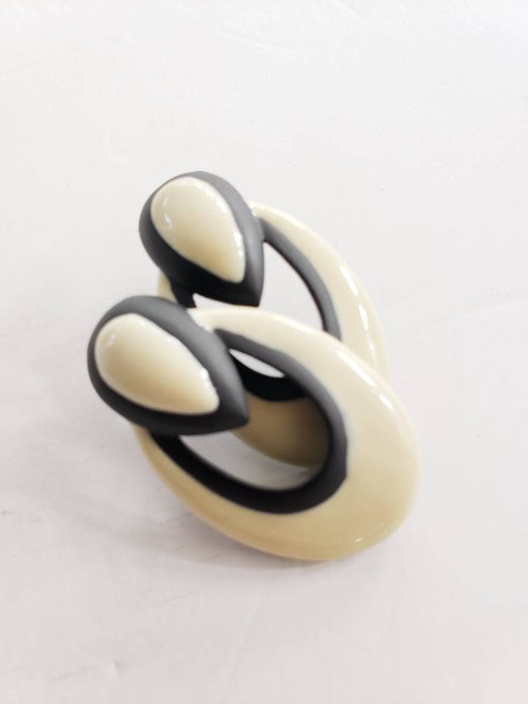 60s Earrings Cream and Black Oval & Teardrop Chunky Enamel Metal / Marcelle
