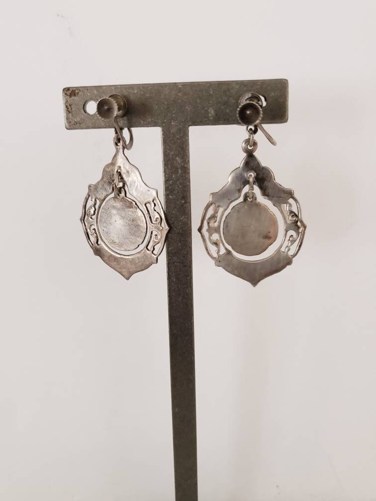 1950s Black and Silver Dangly Earrings Thai Dancers Niello / 50s Midcentury Orientalist Siam Goddess Jewelry Screwbacks