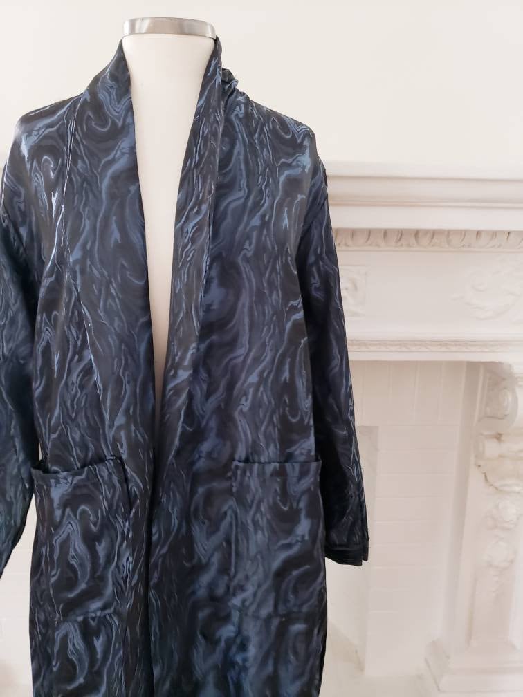 1970s Blue Marble Print Robe Mens Unisex Long Sleeved Botany 500 / Mens Lounging Robe Sash Tie Belt / Small / Chev