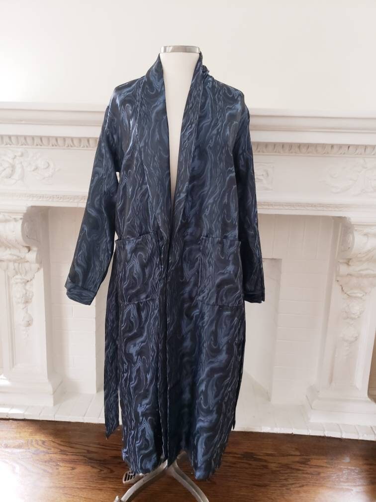 1970s Blue Marble Print Robe Mens Unisex Long Sleeved Botany 500 / Mens Lounging Robe Sash Tie Belt / Small / Chev