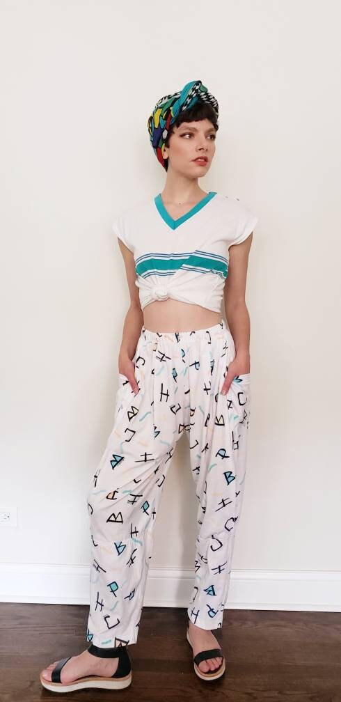 1980s Elastic Waist Pants Graphic Print Beverly Hills Polo Club / 80s Soft Pants with Pockets White Pastel Pattern Letters Logos / Cheney