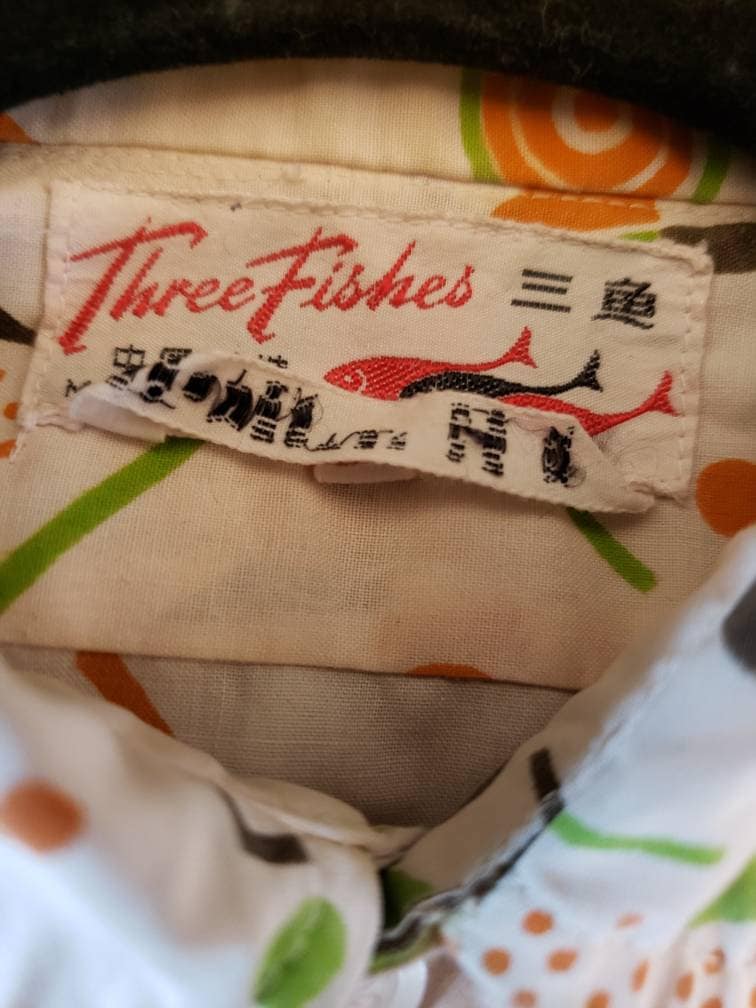 1960s Boys Button Down Shirt Bold Geometric Print MCM Three Fishes Multicolored Cotton Print